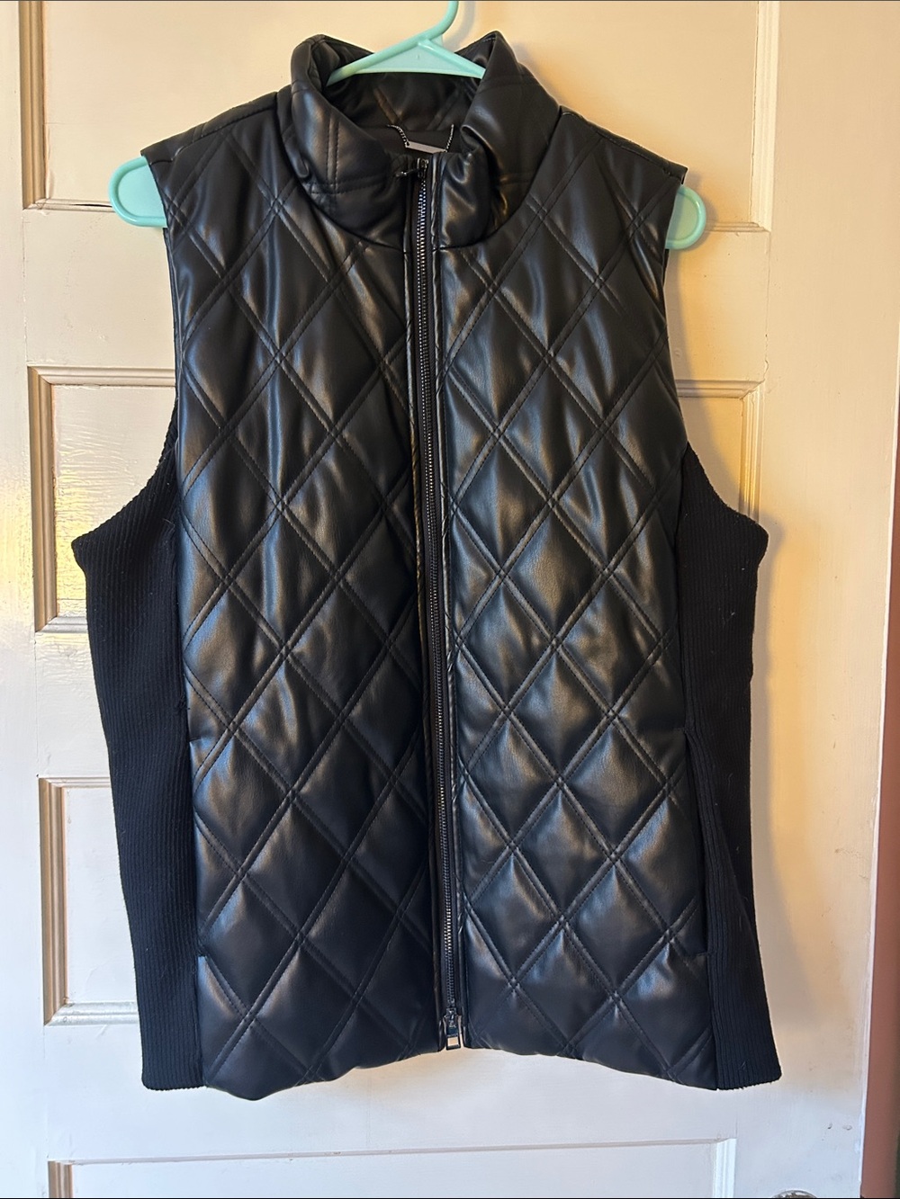 Chico's Black Quilted Faux Leather Vest with Ribbed Sides